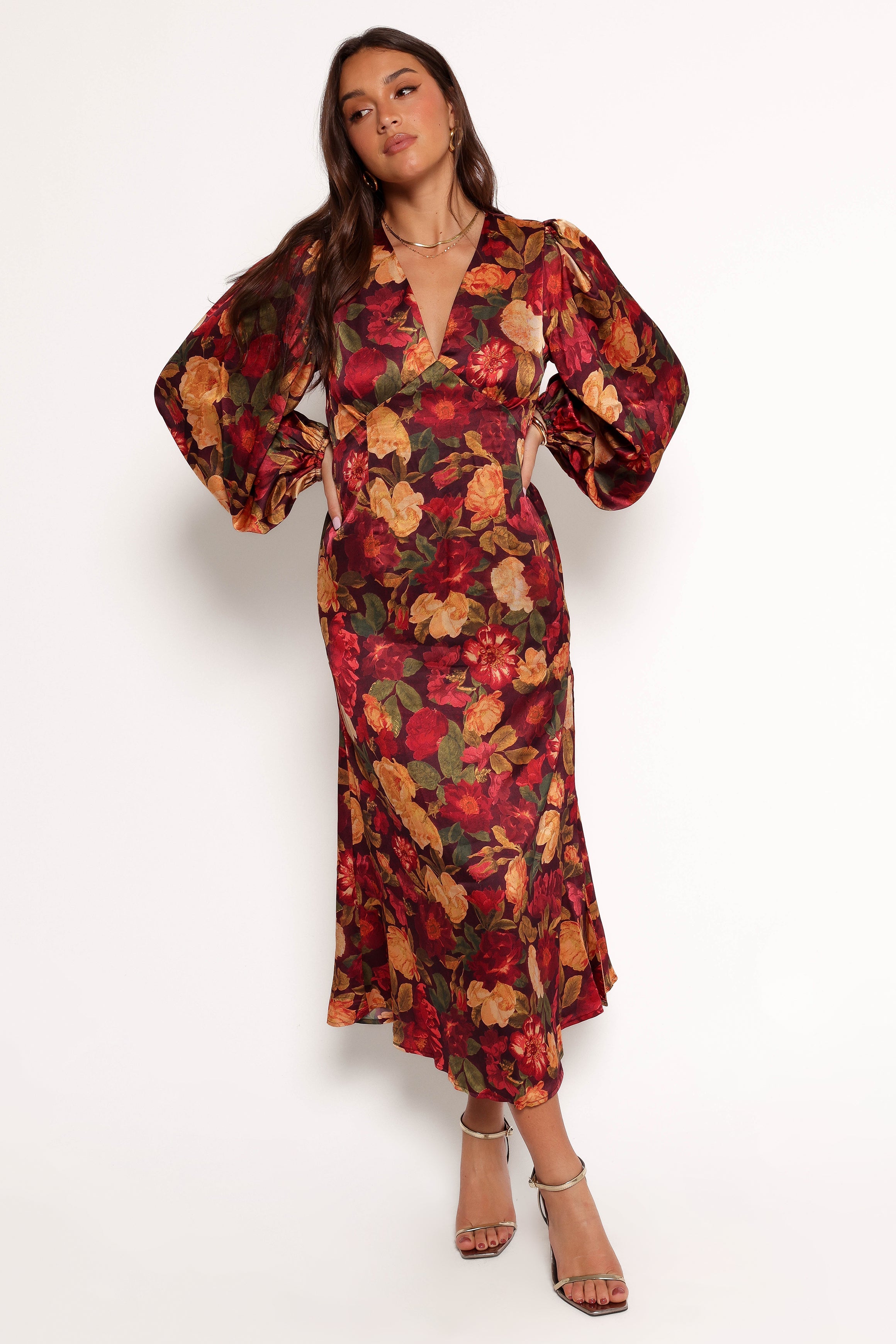 Petal and Pup USA DRESSES Zimmer Long Sleeve Maxi Dress - Sangria Bloom