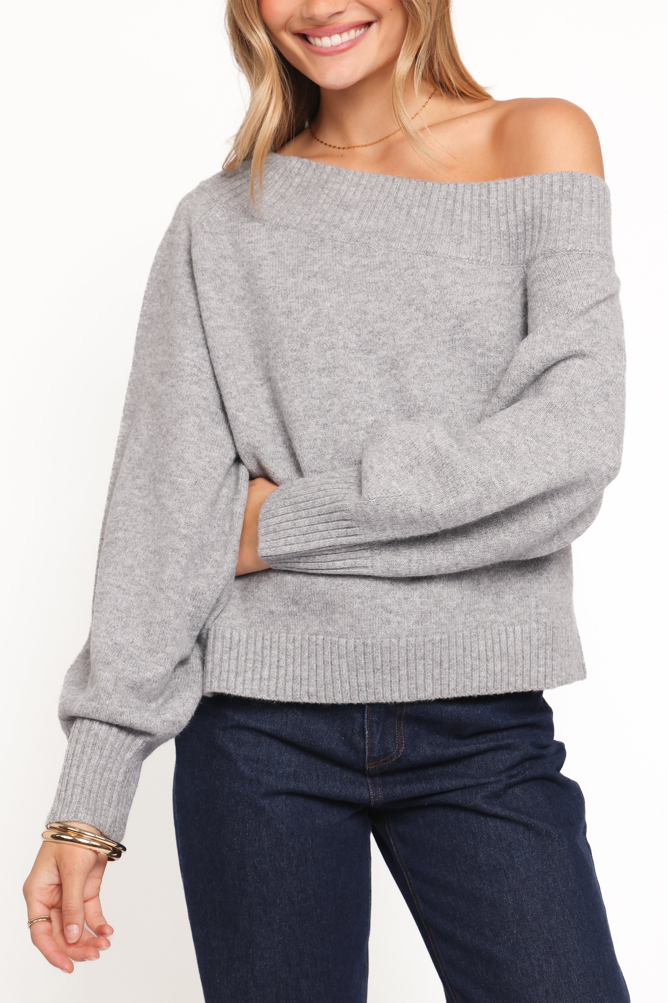 Petal and Pup USA KNITWEAR Ailis Off Shoulder Sweater - Grey