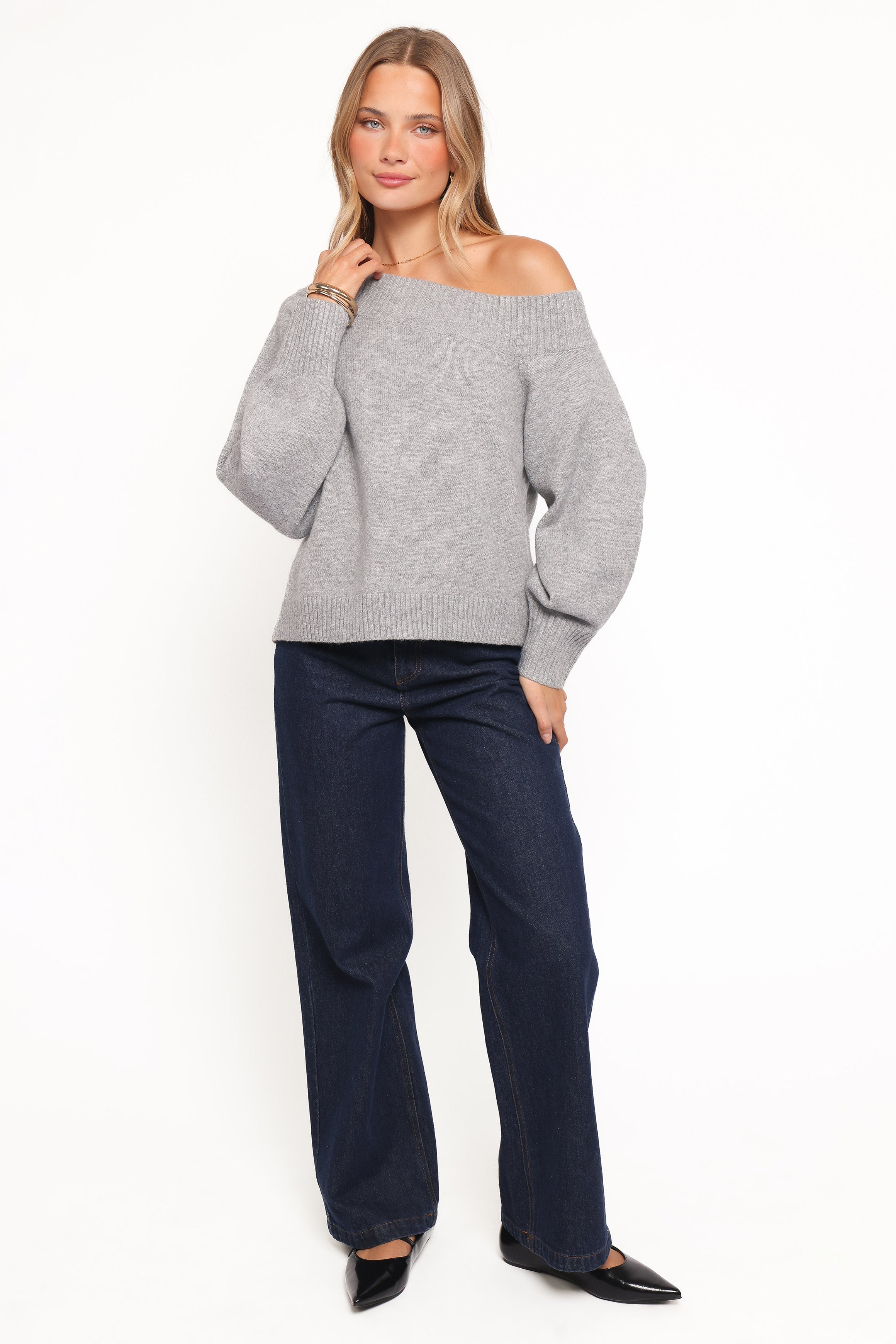 Petal and Pup USA KNITWEAR Ailis Off Shoulder Sweater - Grey