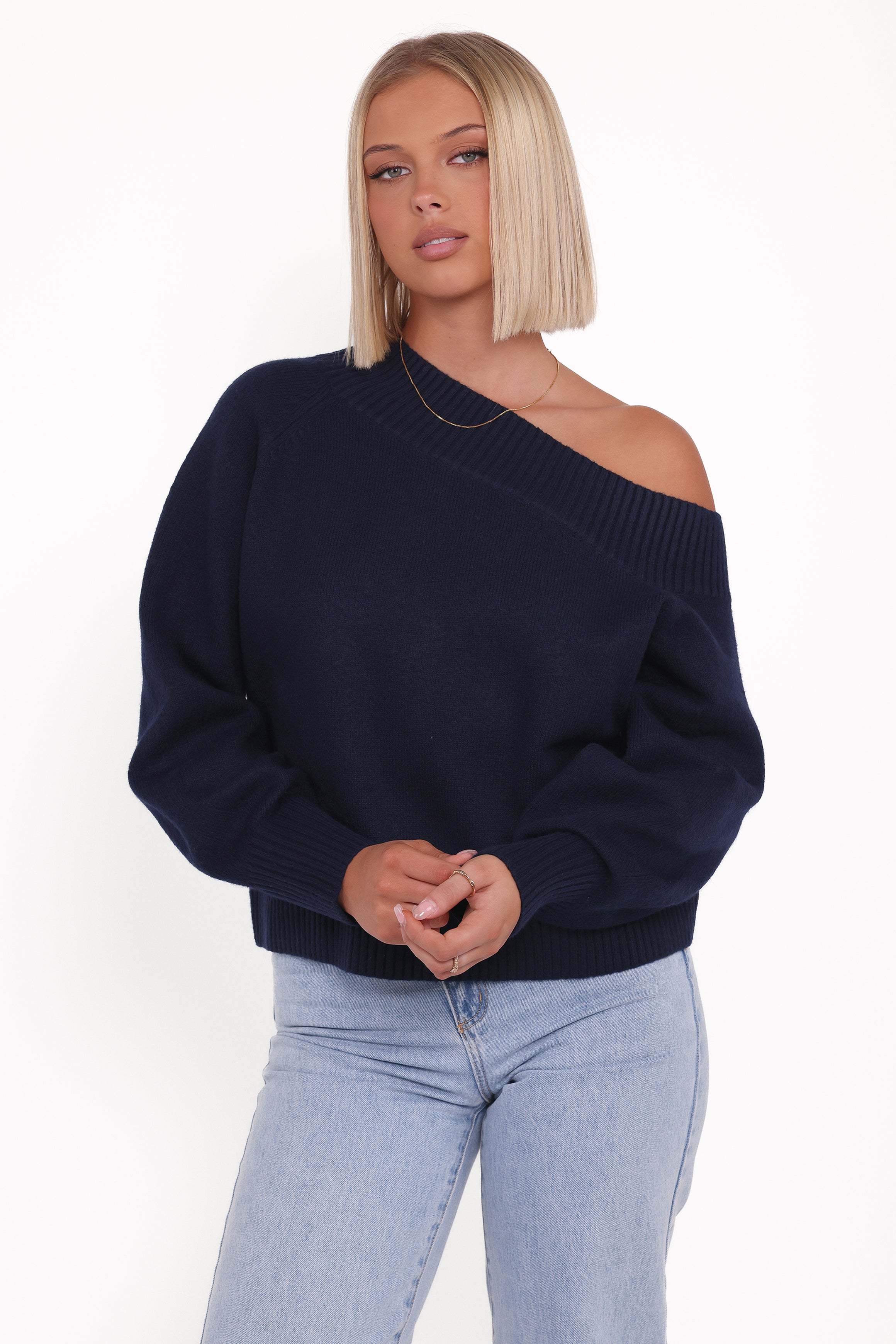 Petal and Pup USA KNITWEAR Ailis Off Shoulder Sweater - Navy