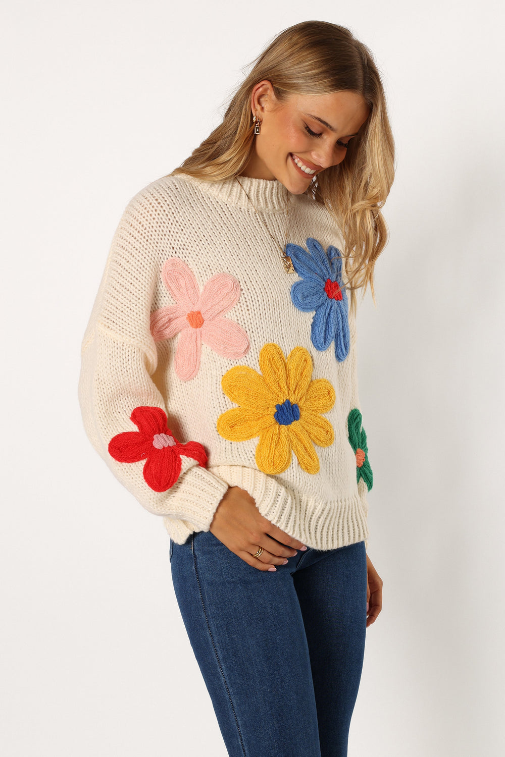 Petal and Pup USA KNITWEAR Alanna Flower Detail Knit Sweater - Cream