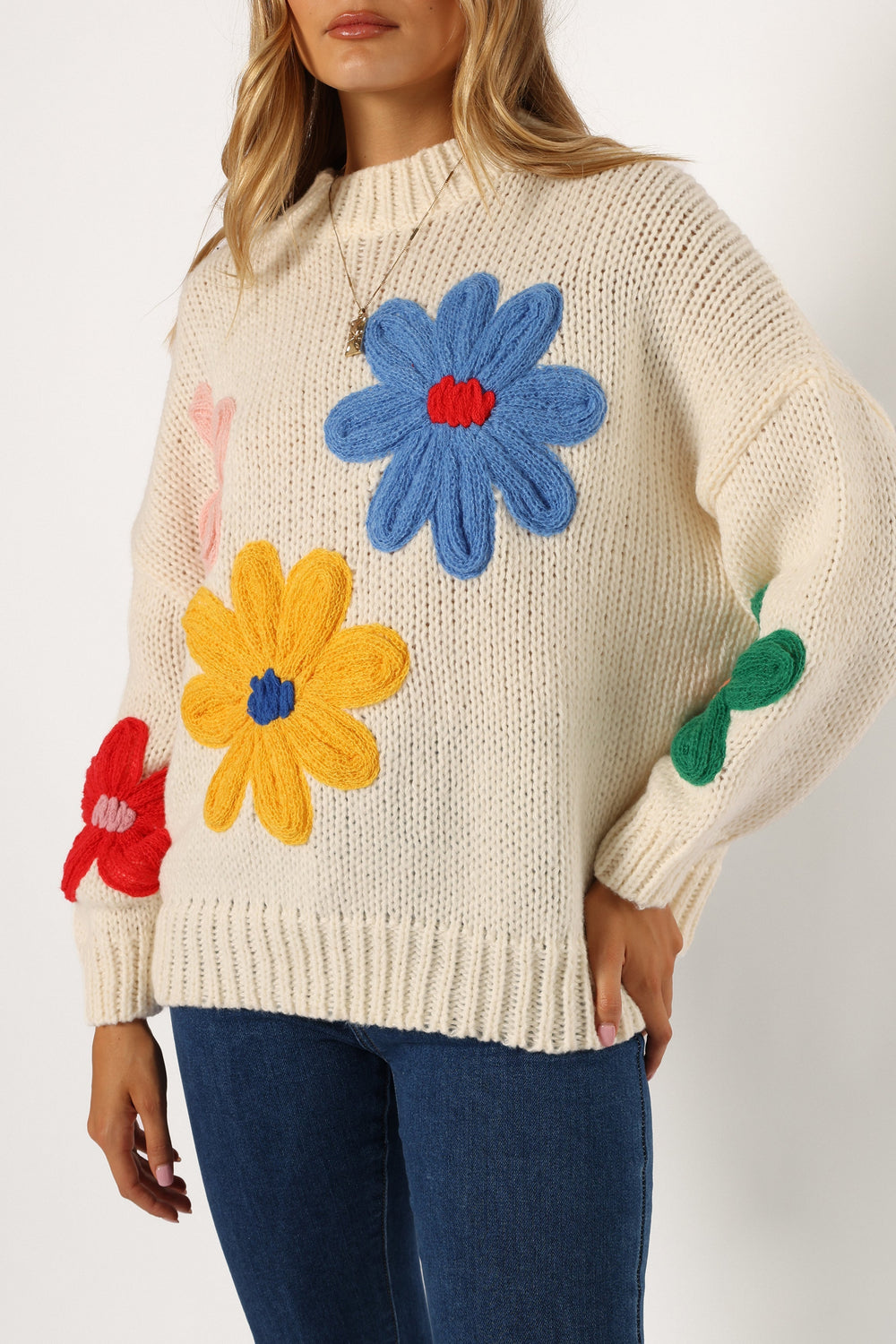 Petal and Pup USA KNITWEAR Alanna Flower Detail Knit Sweater - Cream