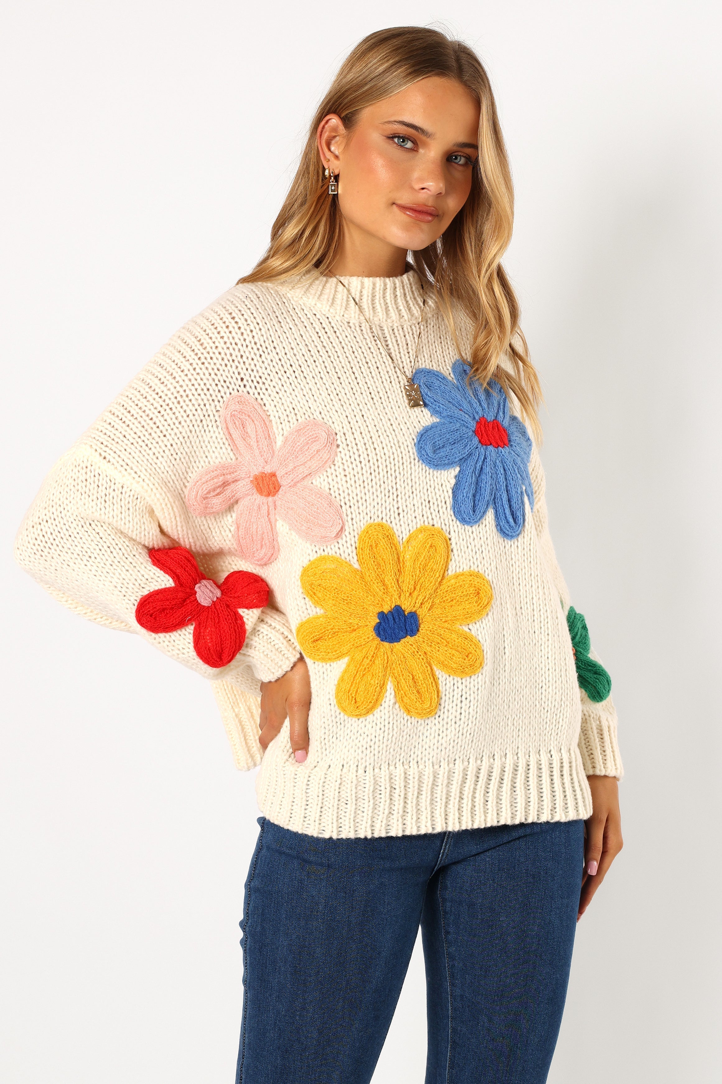 Alanna Flower Detail Knit Sweater - Cream