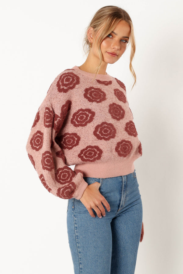 Petal and Pup USA KNITWEAR Amara Crewneck Rose Detail Knit Sweater - Mauve