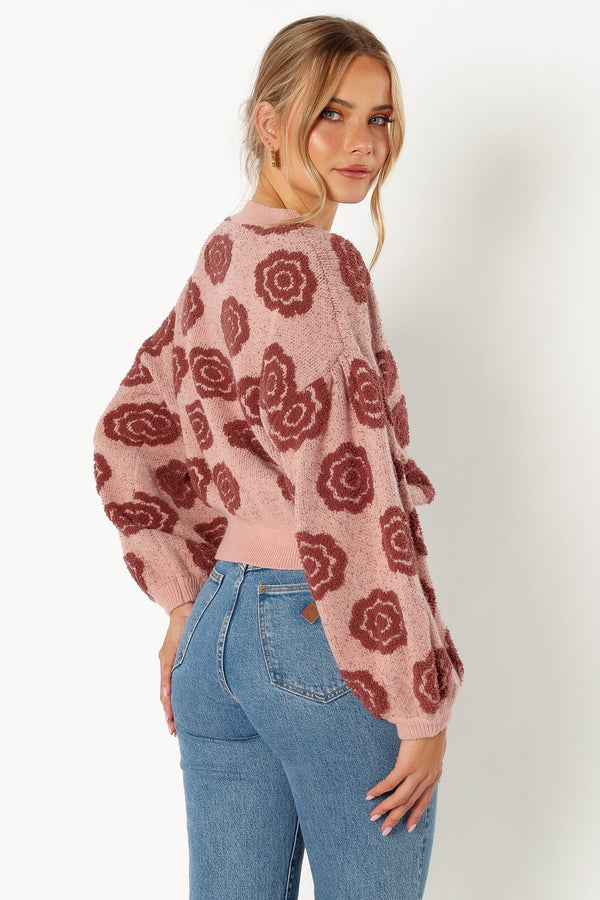 Petal and Pup USA KNITWEAR Amara Crewneck Rose Detail Knit Sweater - Mauve