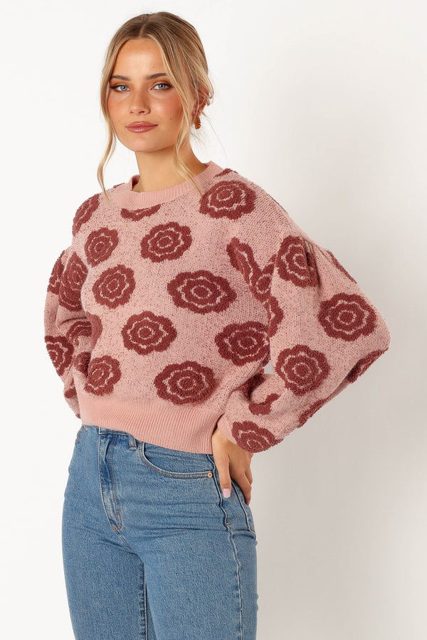 Petal and Pup USA KNITWEAR Amara Crewneck Rose Detail Knit Sweater - Mauve