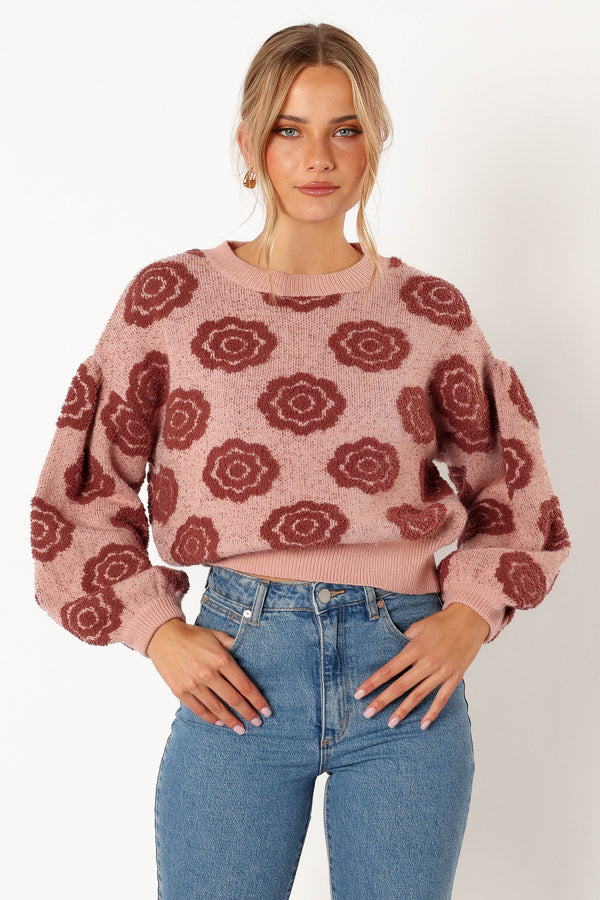 Petal and Pup USA KNITWEAR Amara Crewneck Rose Detail Knit Sweater - Mauve