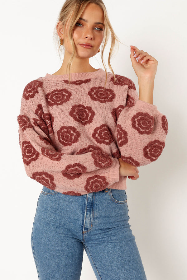 Petal and Pup USA KNITWEAR Amara Crewneck Rose Detail Knit Sweater - Mauve