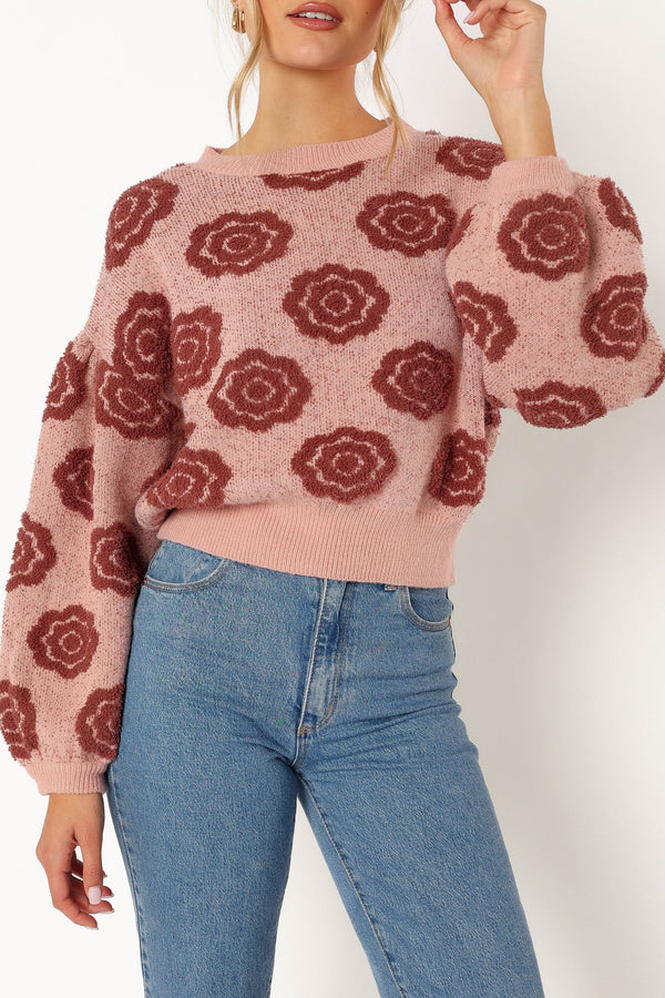 Petal and Pup USA KNITWEAR Amara Crewneck Rose Detail Knit Sweater - Mauve