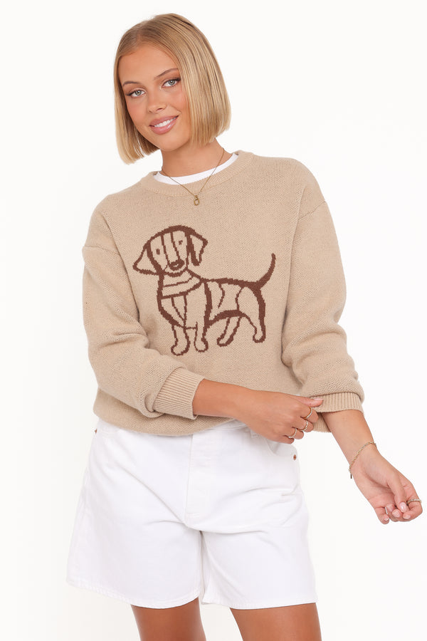 Petal and Pup USA KNITWEAR Amber Dachshund Sweater - Beige