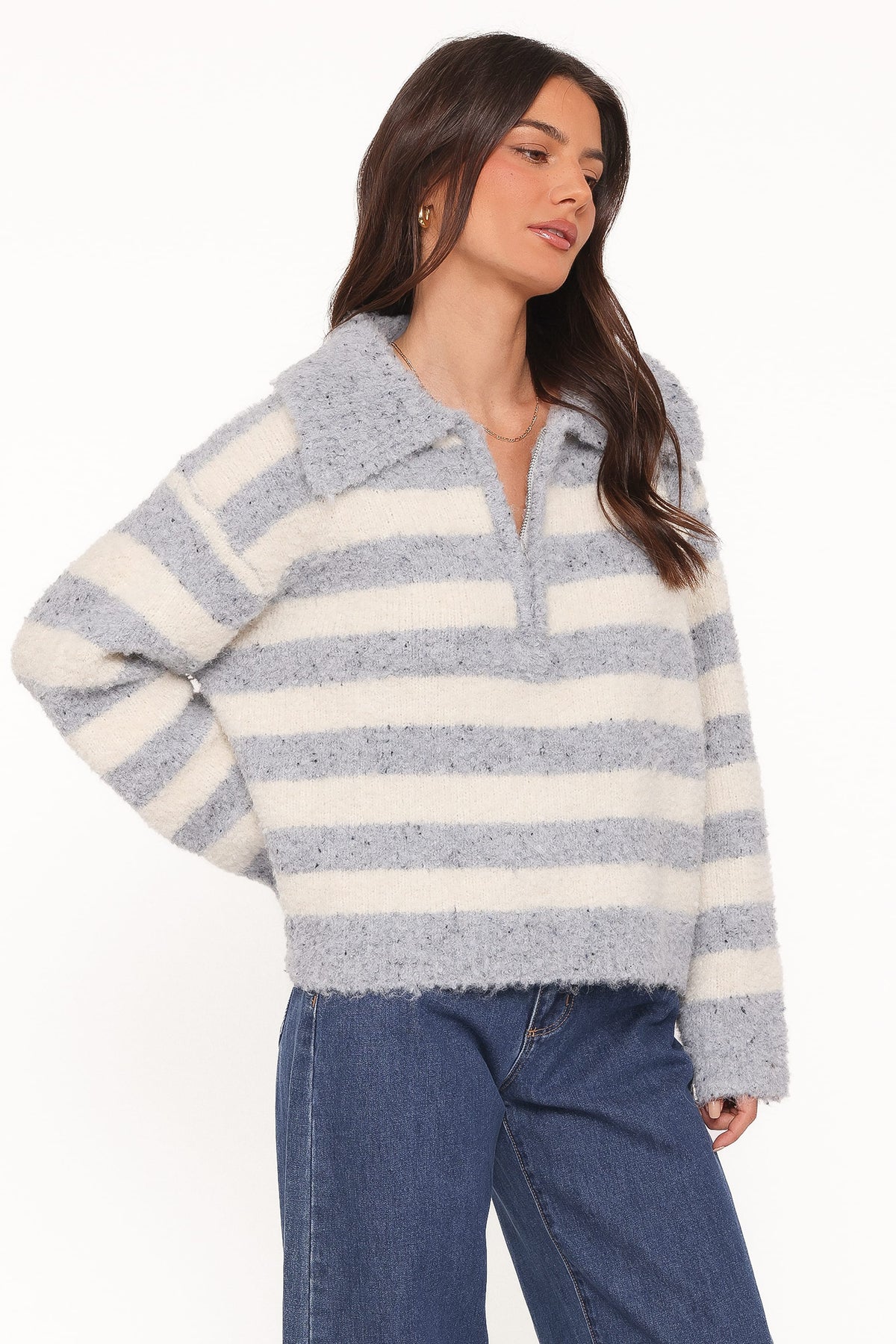 Petal and Pup USA KNITWEAR Angelica 1/4 Zip Sweater - Denim Blue Stripe