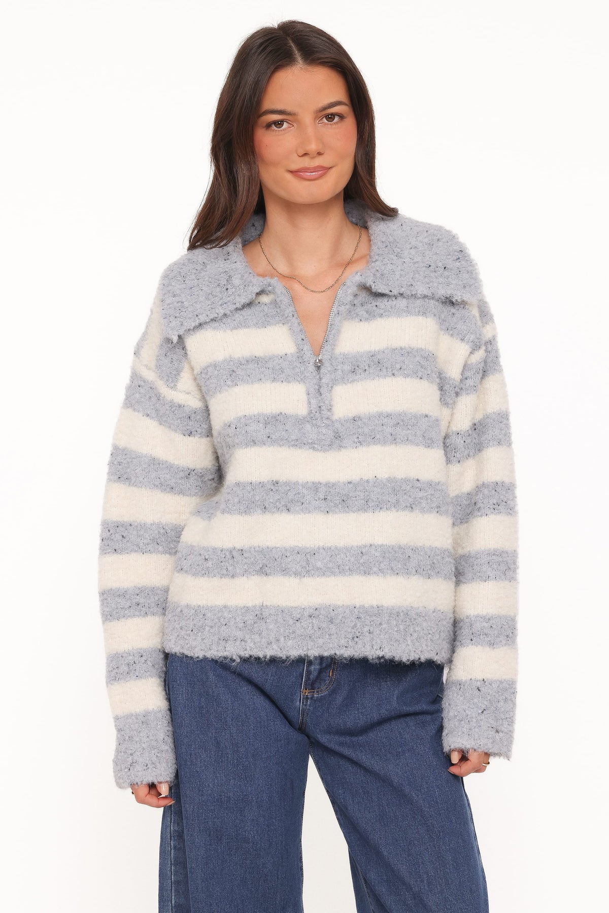 Petal and Pup USA KNITWEAR Angelica 1/4 Zip Sweater - Denim Blue Stripe