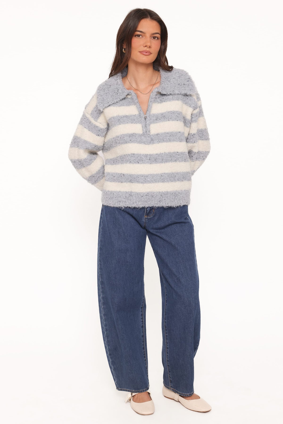Petal and Pup USA KNITWEAR Angelica 1/4 Zip Sweater - Denim Blue Stripe