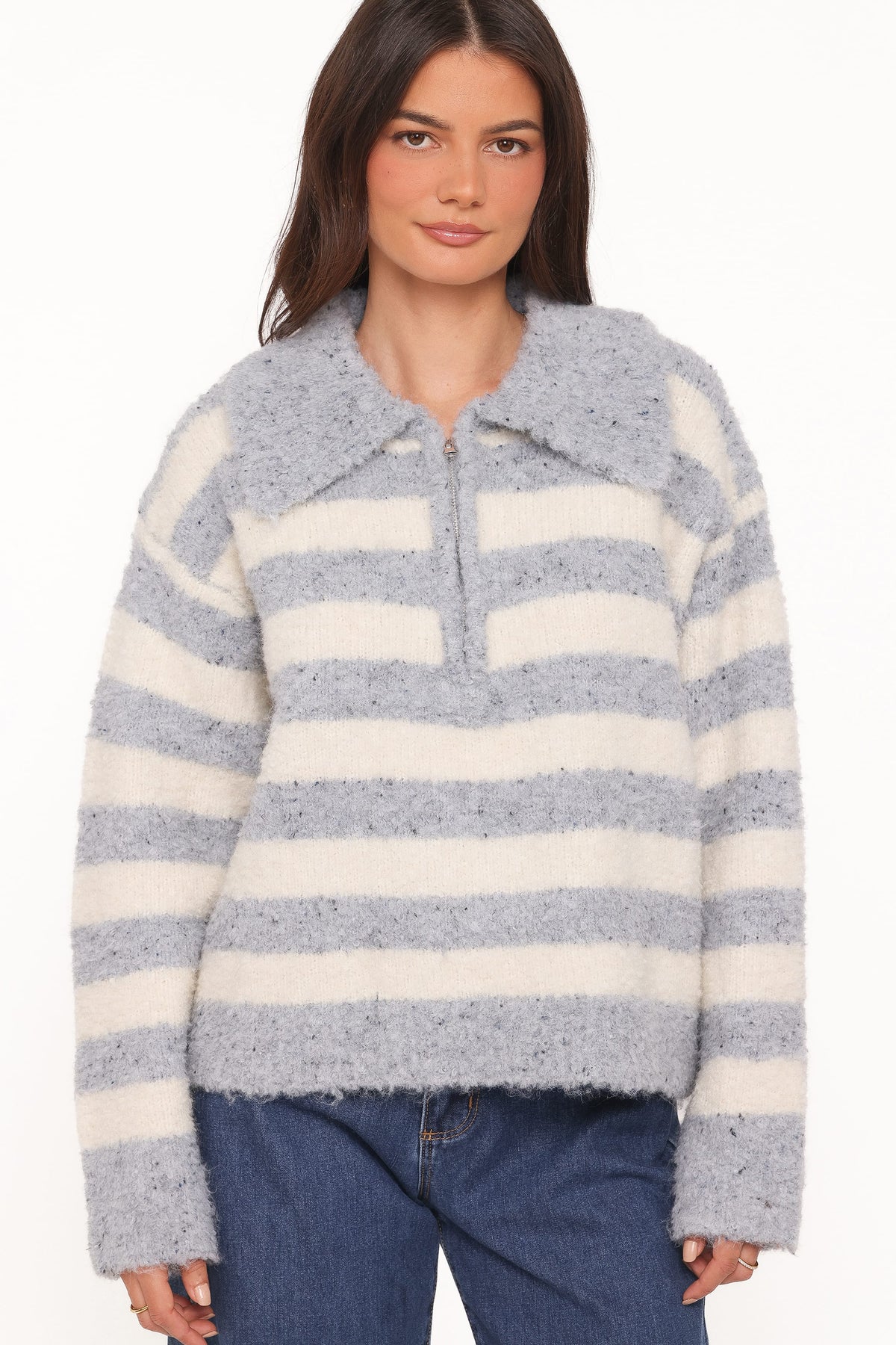 Petal and Pup USA KNITWEAR Angelica 1/4 Zip Sweater - Denim Blue Stripe