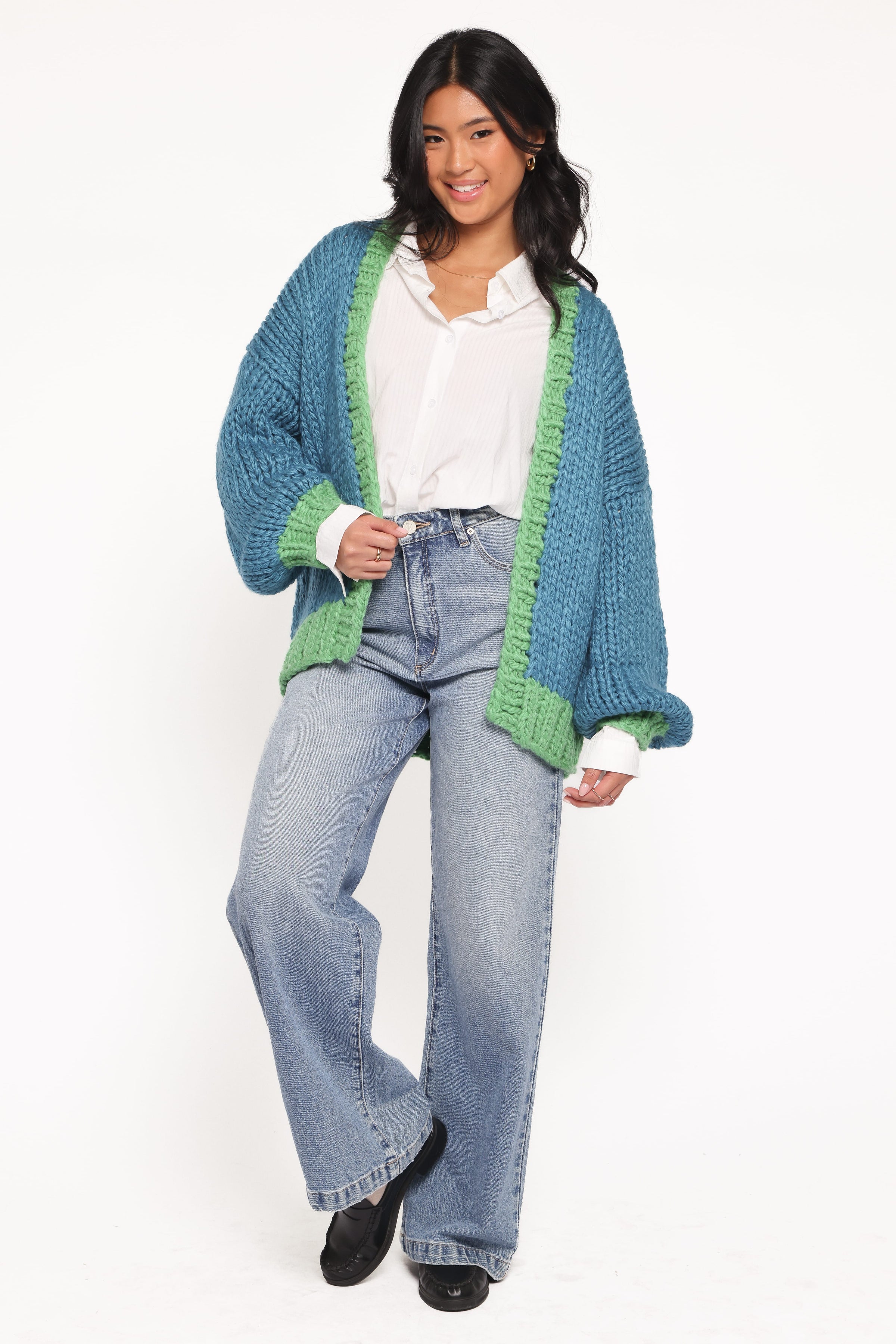 Petal and Pup USA KNITWEAR Anige Contrast Trim Cardigan - Blue/Green