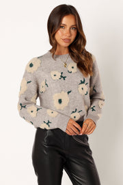 Petal and Pup USA KNITWEAR Aubrielle All Over Flower Knit Sweater - Grey Green