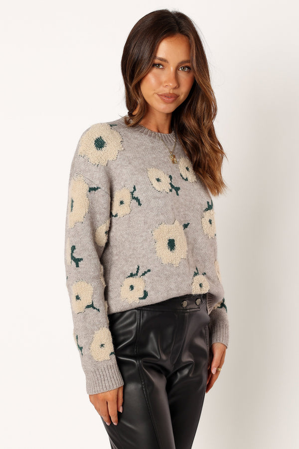 Petal and Pup USA KNITWEAR Aubrielle All Over Flower Knit Sweater - Grey Green