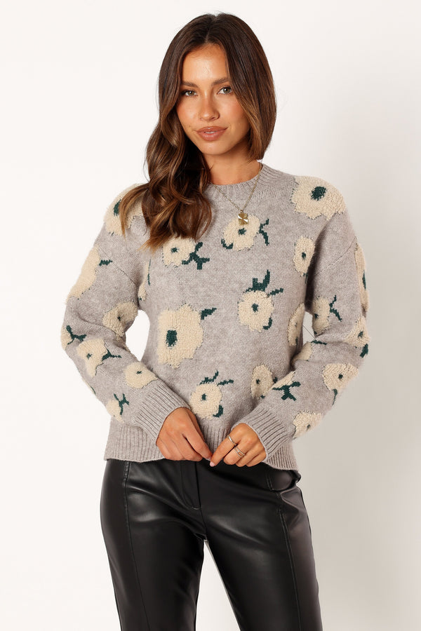 Petal and Pup USA KNITWEAR Aubrielle All Over Flower Knit Sweater - Grey Green