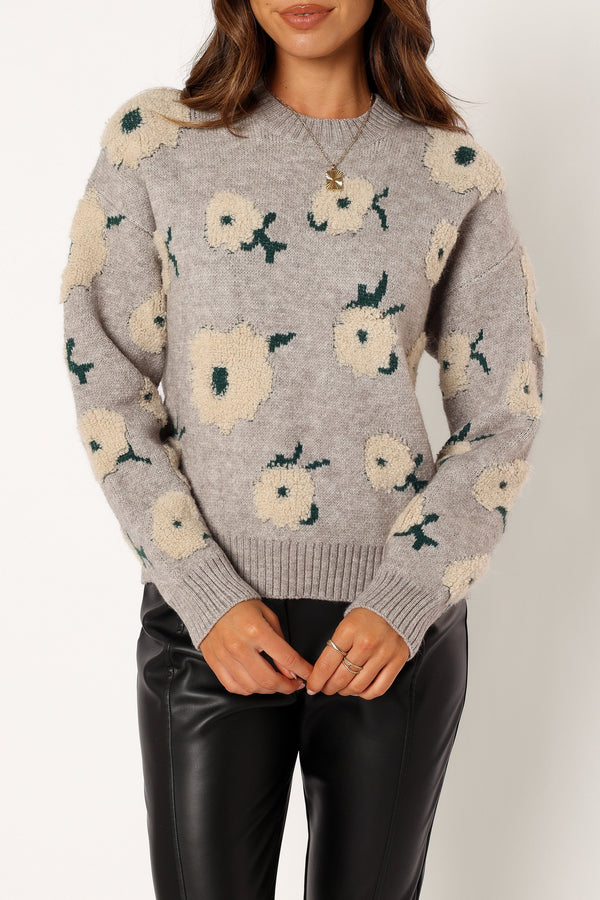 Petal and Pup USA KNITWEAR Aubrielle All Over Flower Knit Sweater - Grey Green