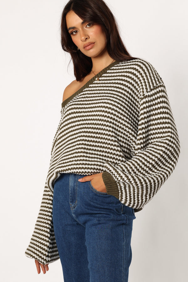 Petal and Pup USA KNITWEAR Becca Crewneck Waffle Stitch Stripe Knit Sweater - Olive