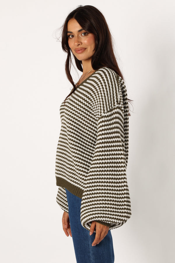 Petal and Pup USA KNITWEAR Becca Crewneck Waffle Stitch Stripe Knit Sweater - Olive