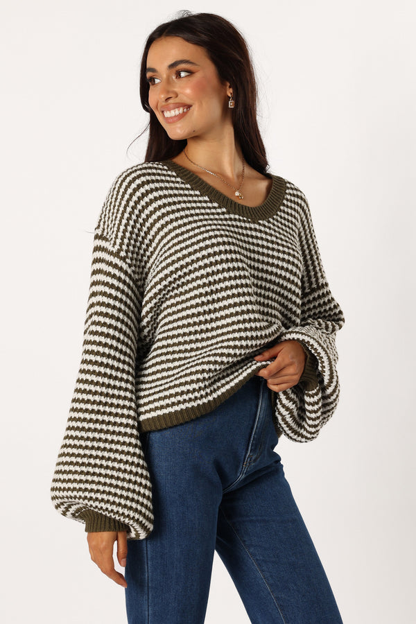 Petal and Pup USA KNITWEAR Becca Crewneck Waffle Stitch Stripe Knit Sweater - Olive