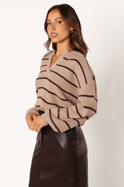 Petal and Pup USA KNITWEAR Bexley Collared Striped Knit Sweater - Mocha Brown