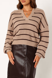 Petal and Pup USA KNITWEAR Bexley Collared Striped Knit Sweater - Mocha Brown