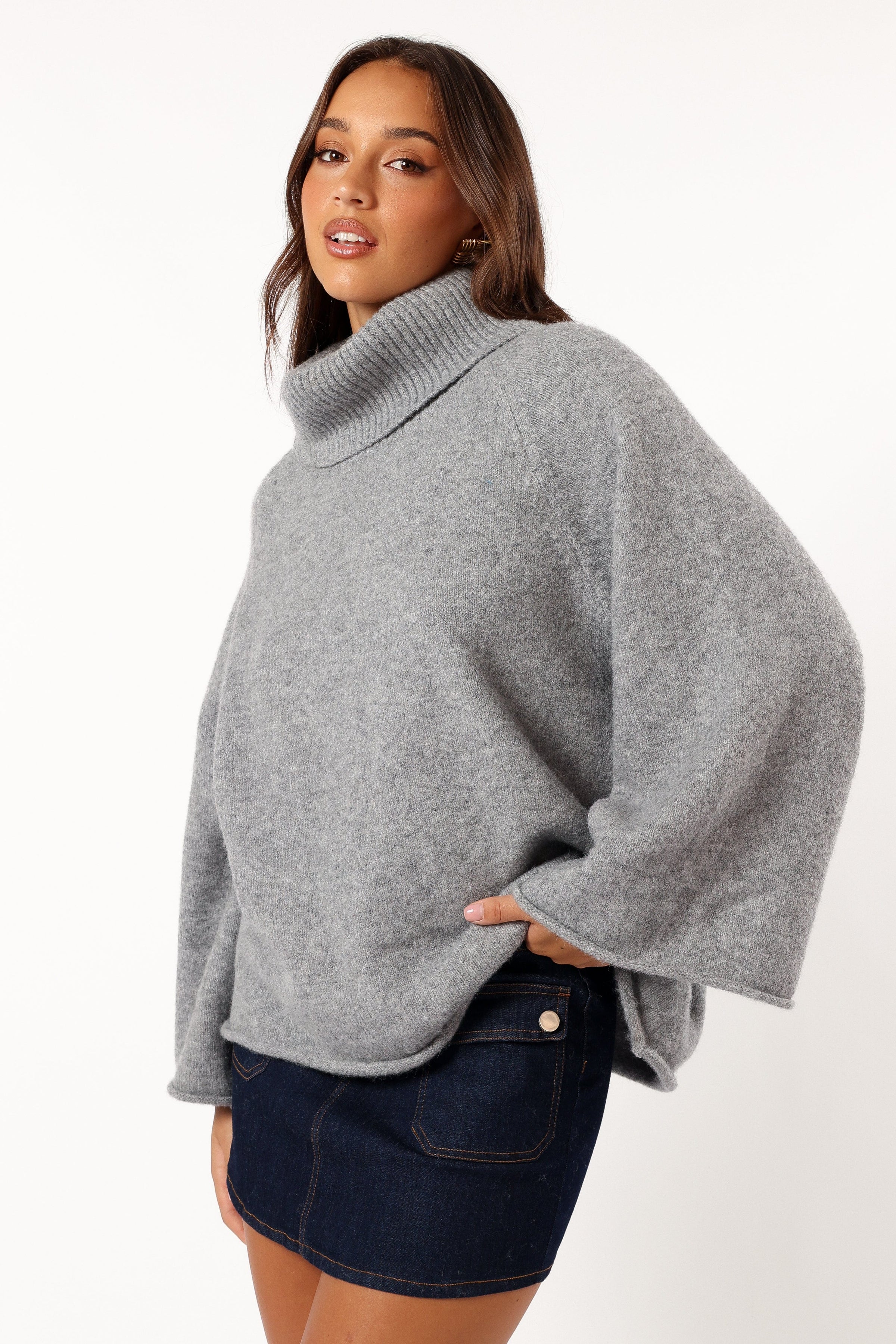 Petal and Pup USA KNITWEAR Bindy Cowlneck Knit Sweater - Grey Marle