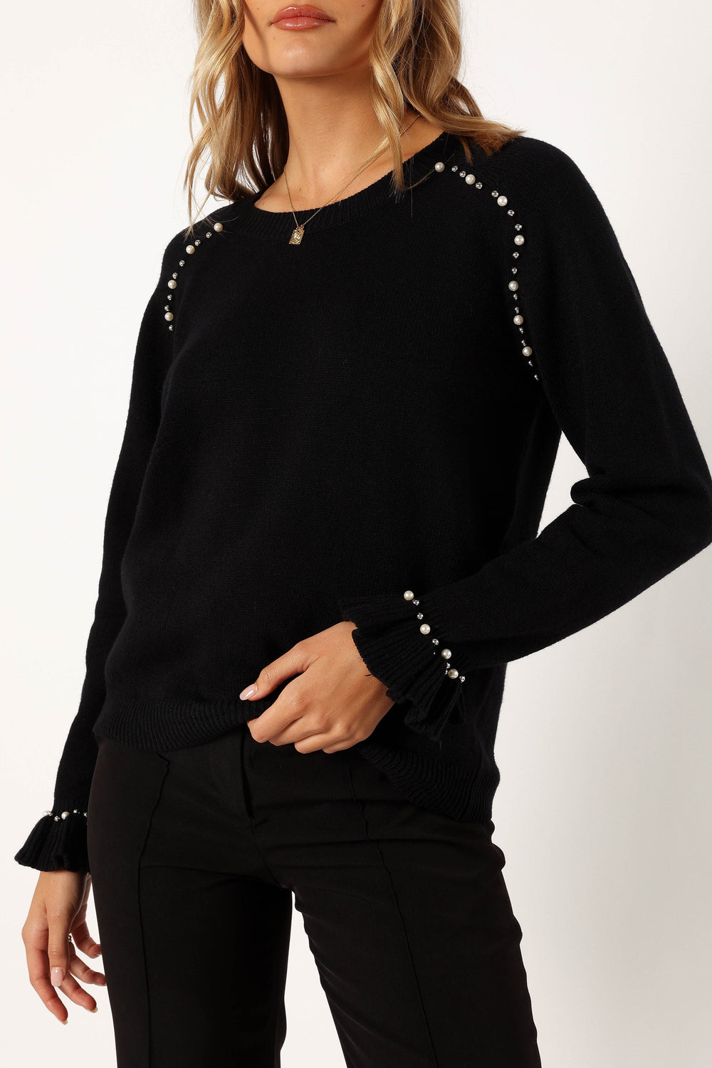 Petal and Pup USA KNITWEAR Blakely Pearl Detail Knit Sweater - Black