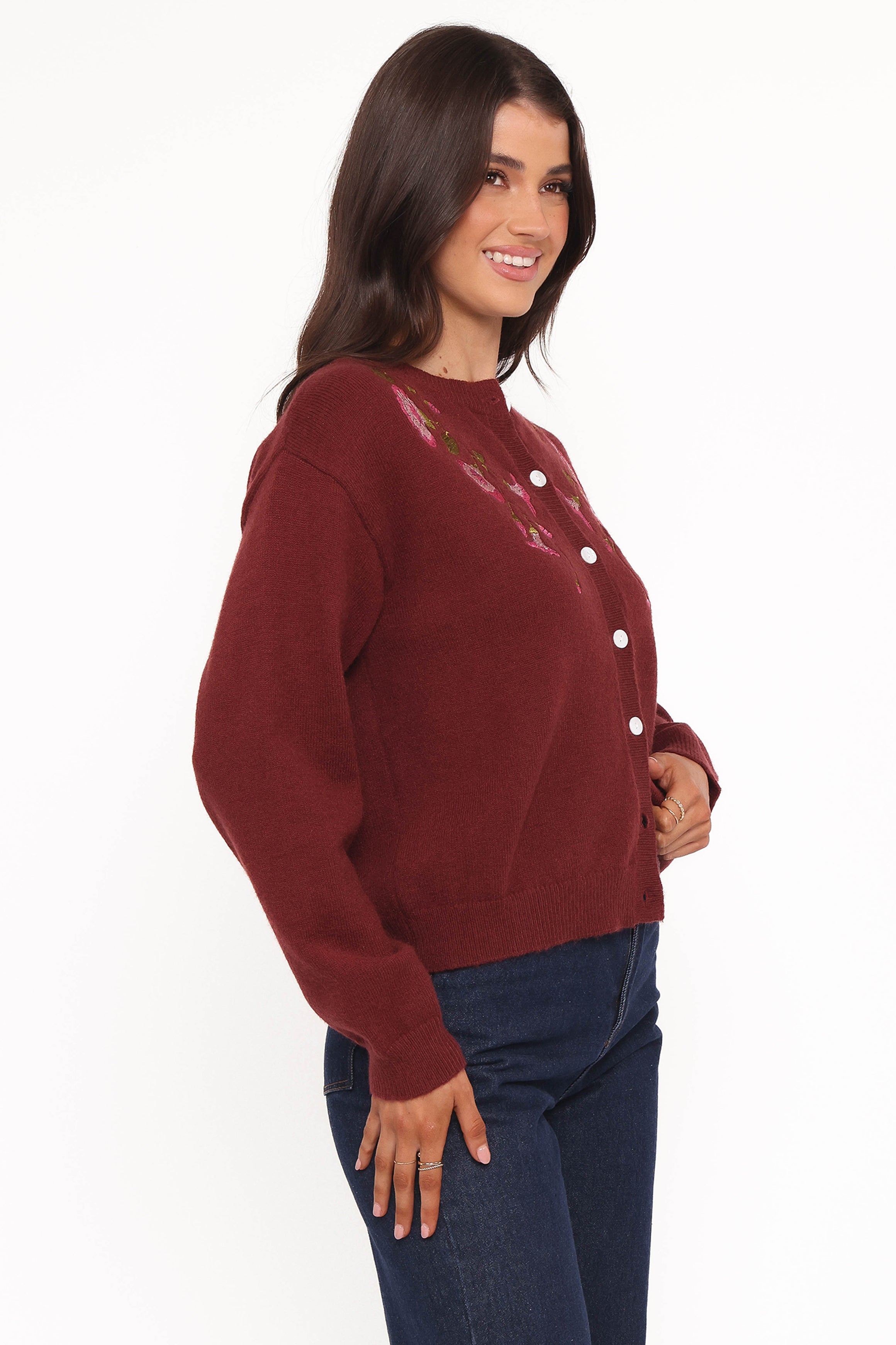 Petal and Pup USA KNITWEAR Brittany Placed Embroidery Flower Cardigan - Burgundy
