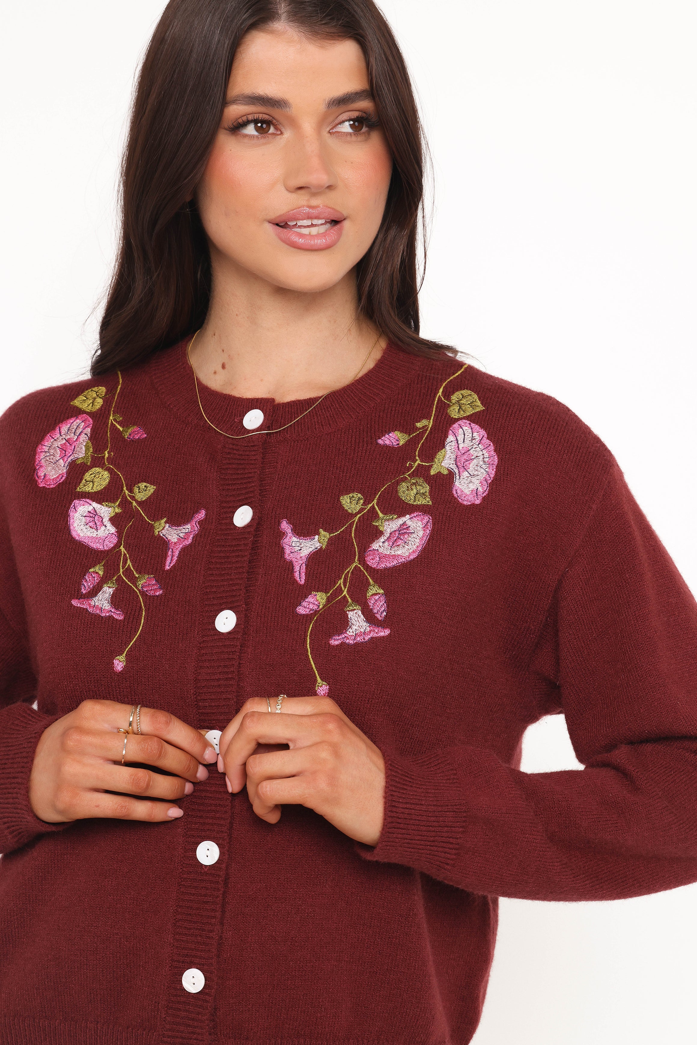 Petal and Pup USA KNITWEAR Brittany Placed Embroidery Flower Cardigan - Burgundy