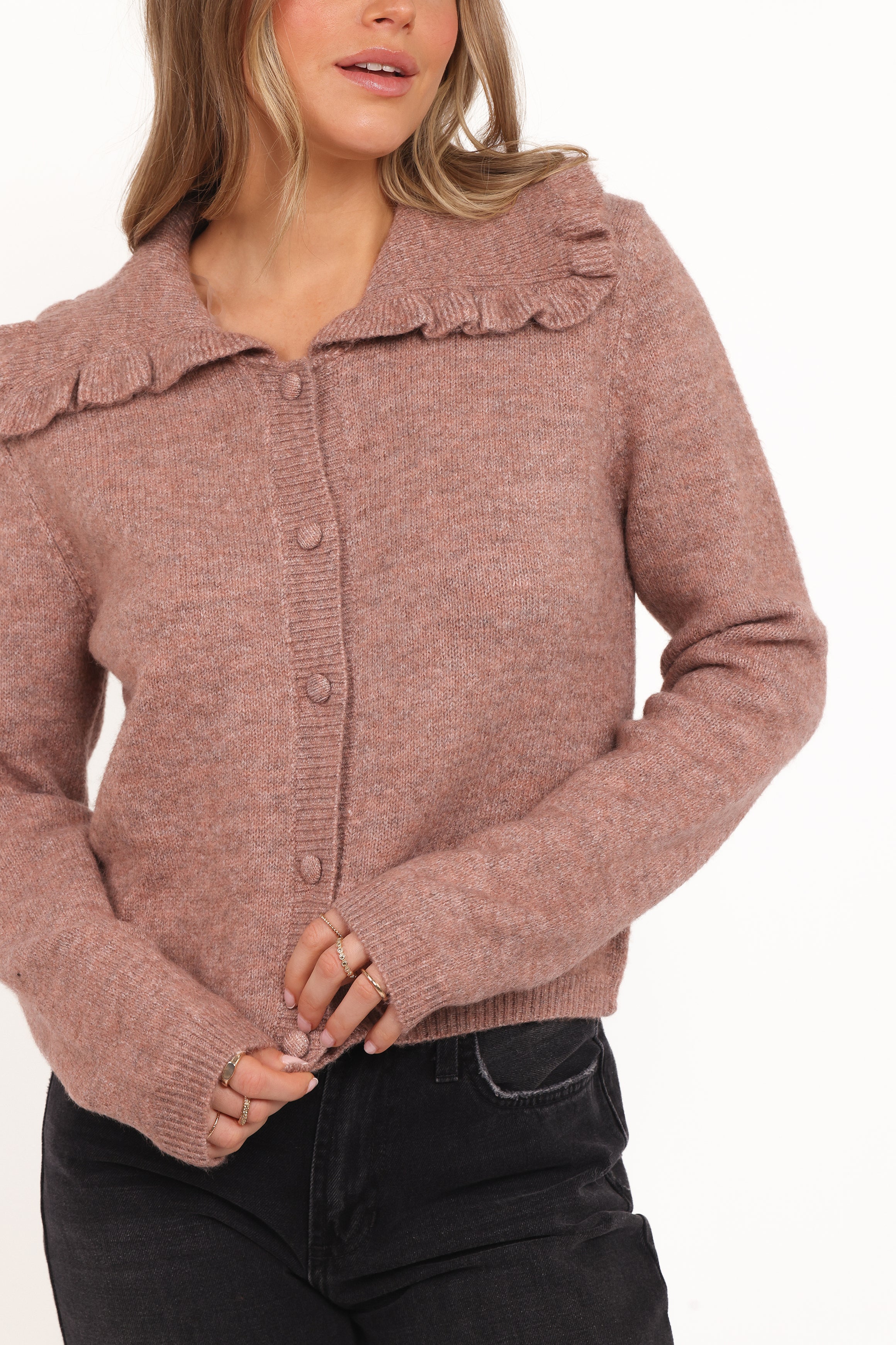Petal and Pup USA KNITWEAR Carmello Frill Collar Cardigan - Mocha