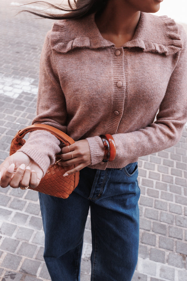 Petal and Pup USA KNITWEAR Carmello Frill Collar Cardigan - Mocha