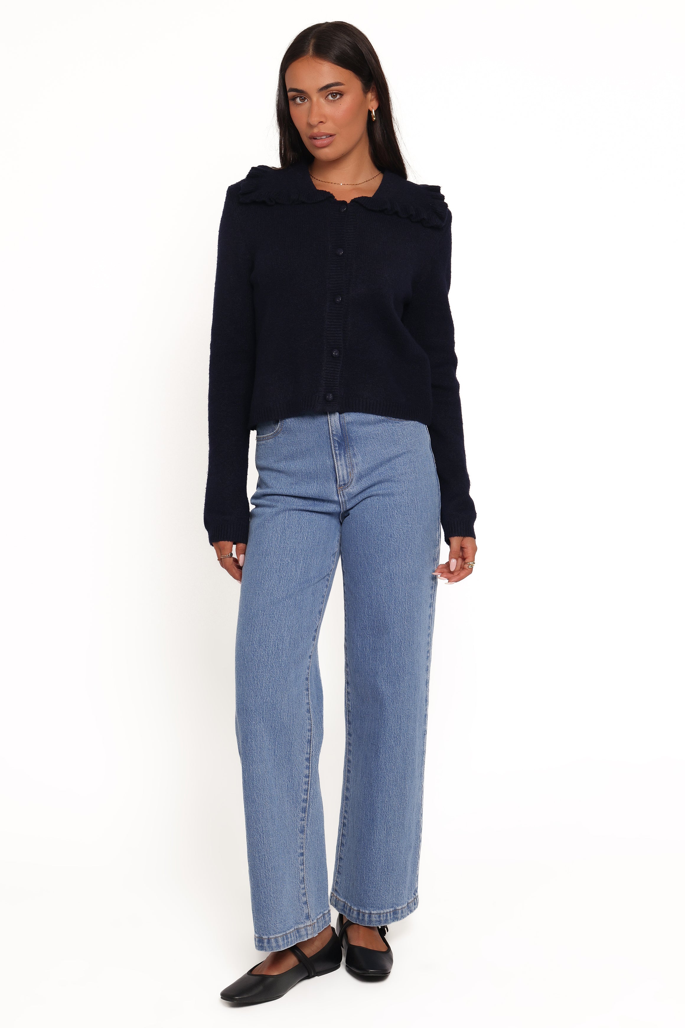 Petal and Pup USA KNITWEAR Carmello Frill Collar Cardigan - Navy