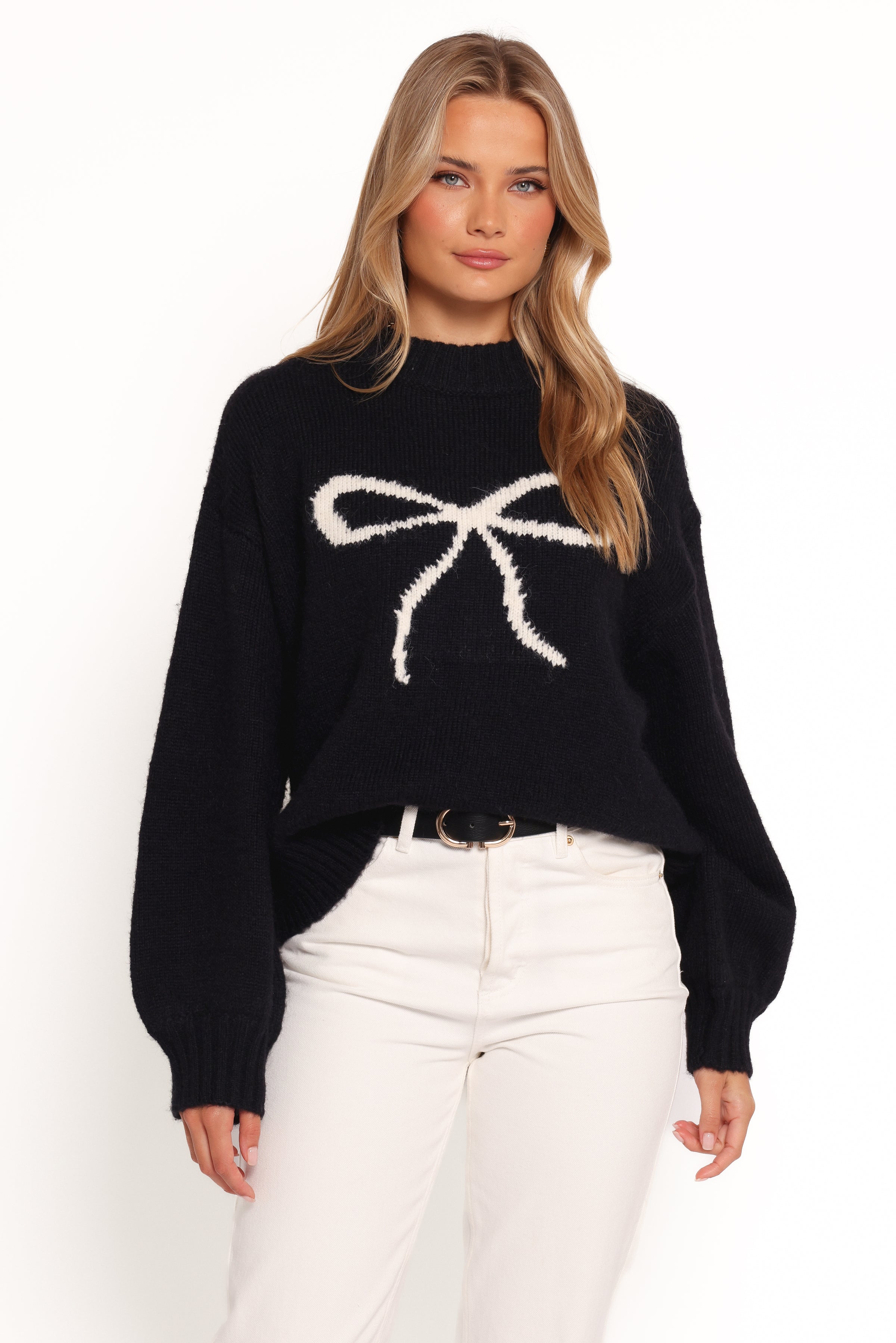 Petal and Pup USA KNITWEAR Cecelia Bow Print Mock Neck Knit Sweater - Black