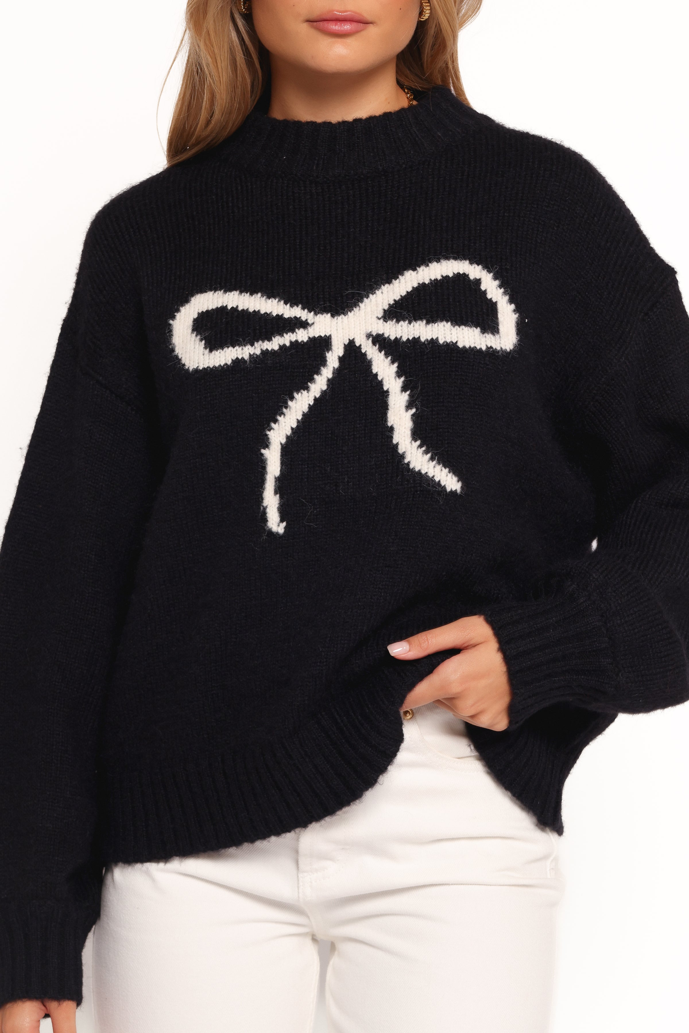 Petal and Pup USA KNITWEAR Cecelia Bow Print Mock Neck Knit Sweater - Black