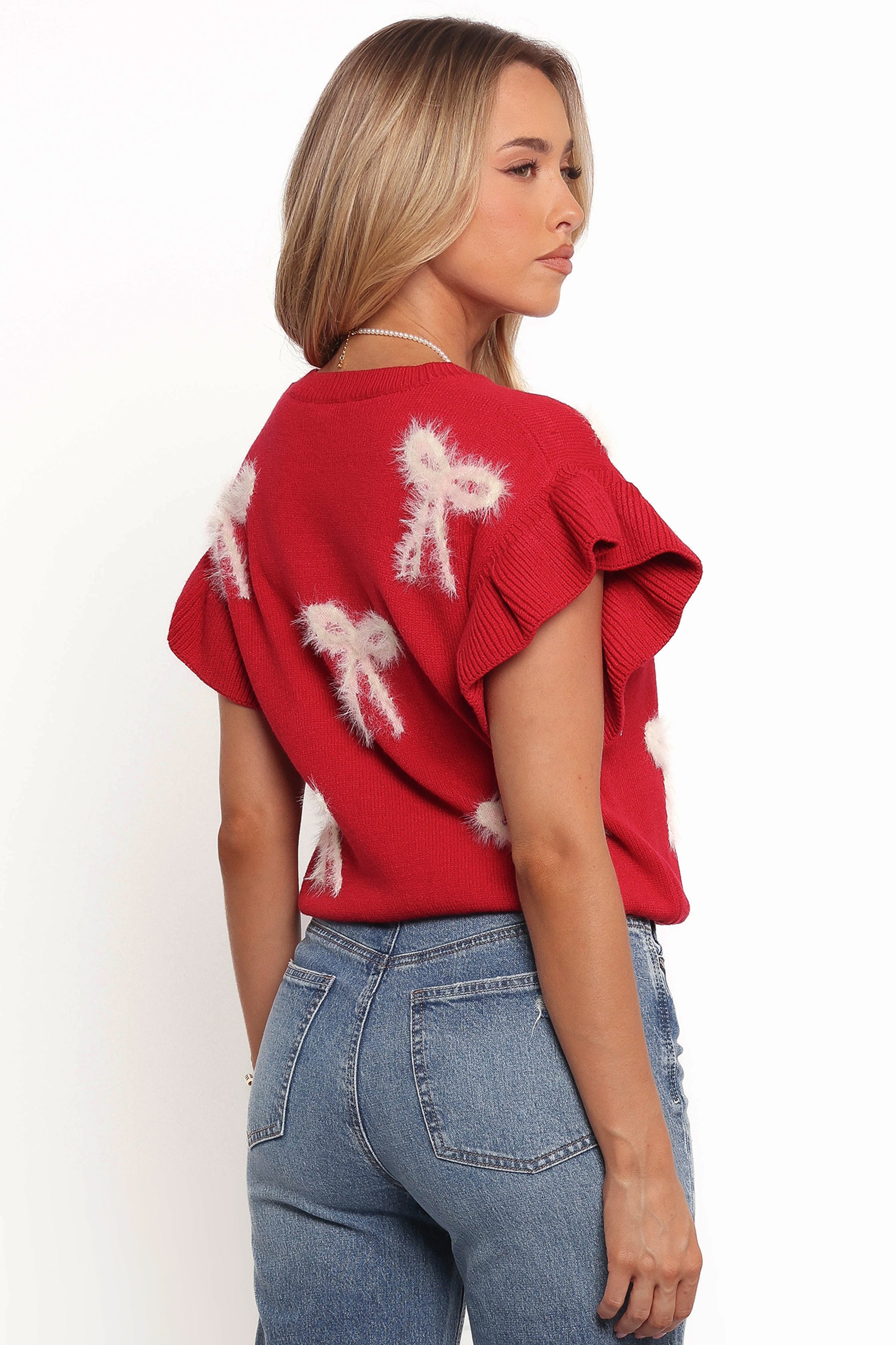 Petal and Pup USA KNITWEAR Cherish Ruffle Sleeve Bow Knit Sweater - Red