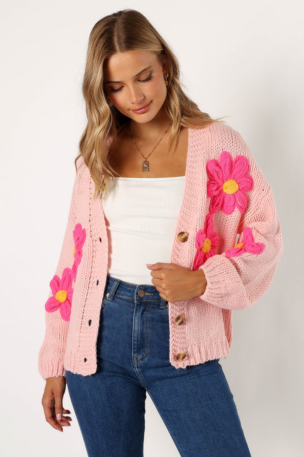 Petal and Pup USA KNITWEAR Clementine Flower Embroidered Open Front Cardigan - Pink