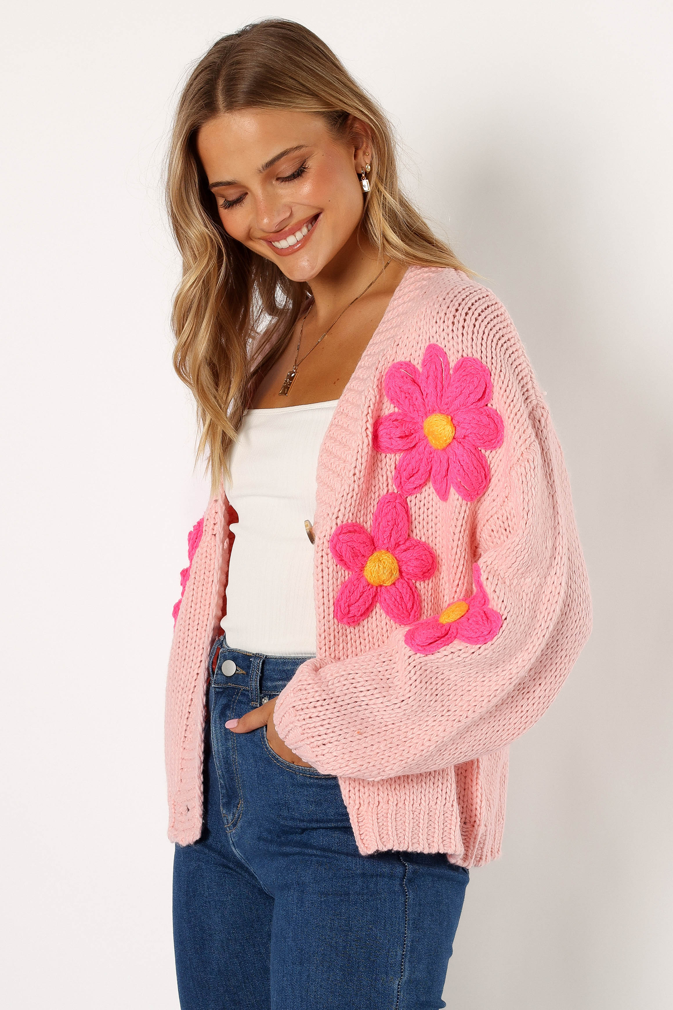 Clementine Flower Embroidered Open Front Cardigan - Pink | Petal