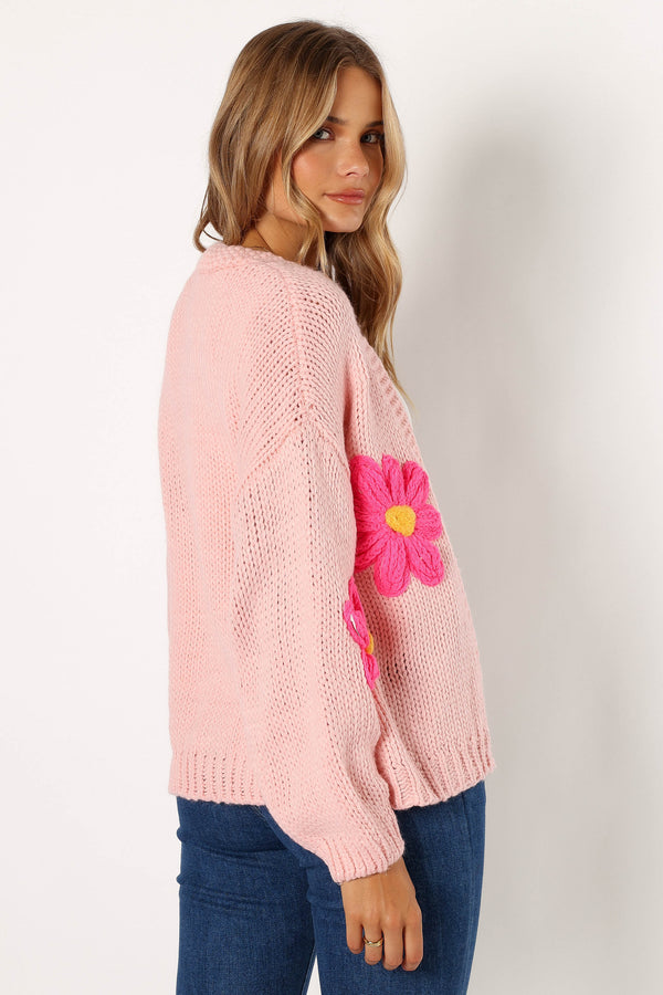 Petal and Pup USA KNITWEAR Clementine Flower Embroidered Open Front Cardigan - Pink