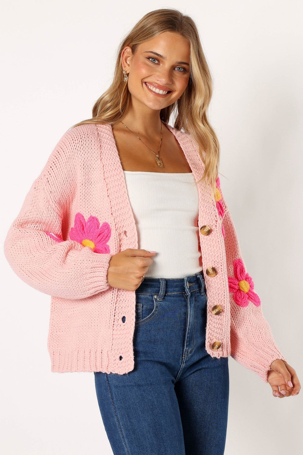 Petal and Pup USA KNITWEAR Clementine Flower Embroidered Open Front Cardigan - Pink