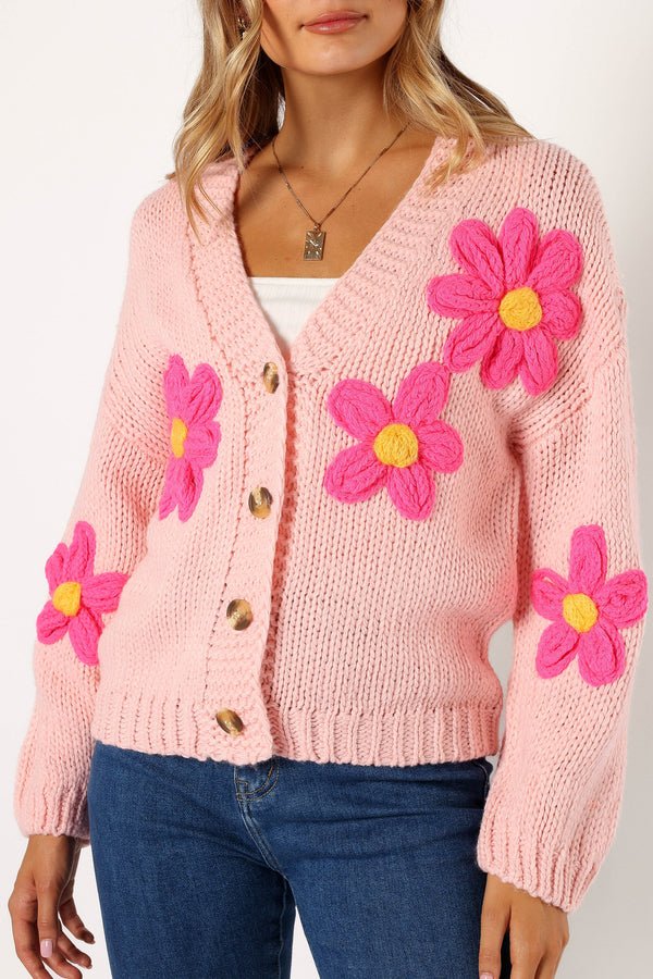 Petal and Pup USA KNITWEAR Clementine Flower Embroidered Open Front Cardigan - Pink