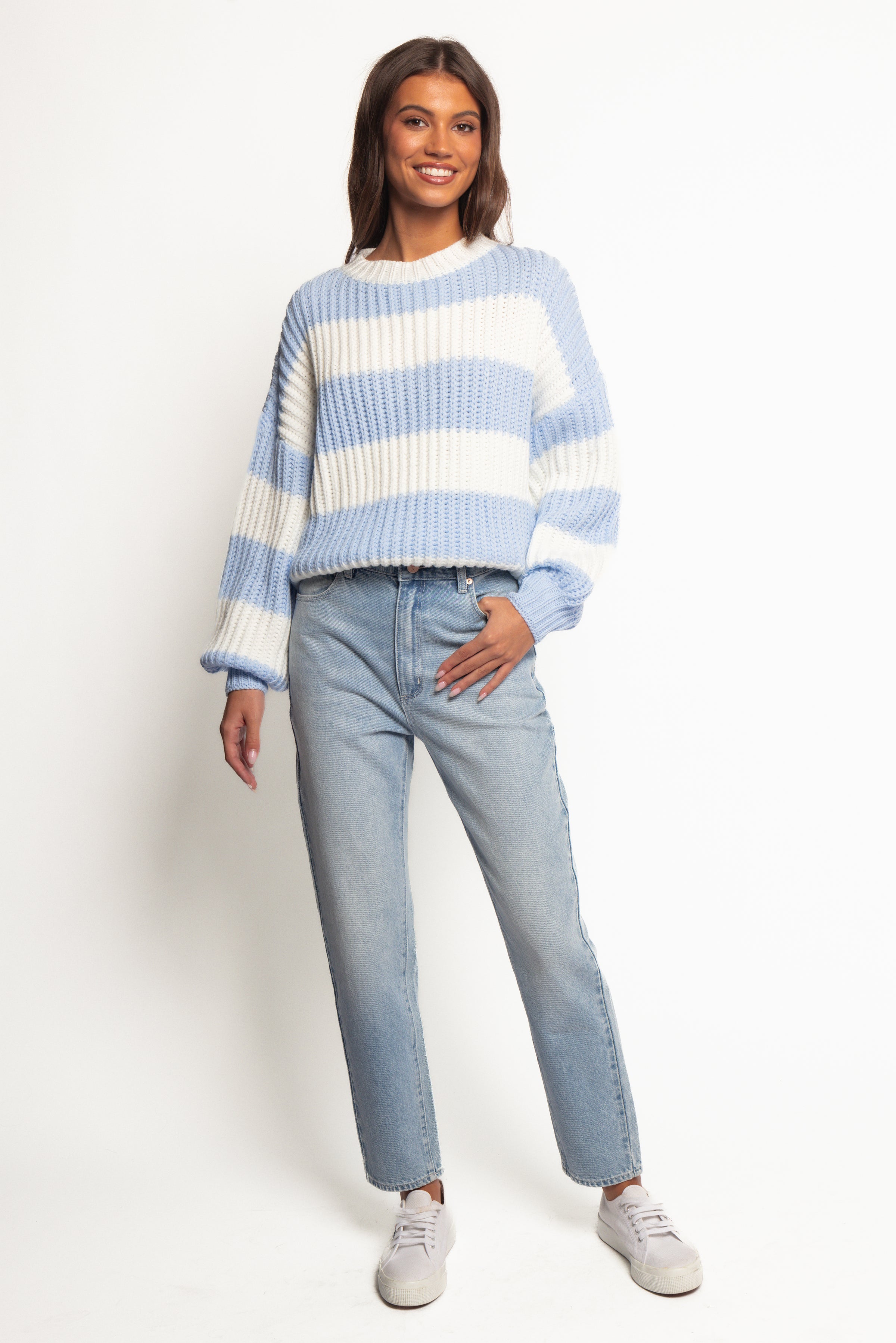 Petal and Pup USA KNITWEAR Courtney Thick Stripe Knit Sweater - Blue Cream