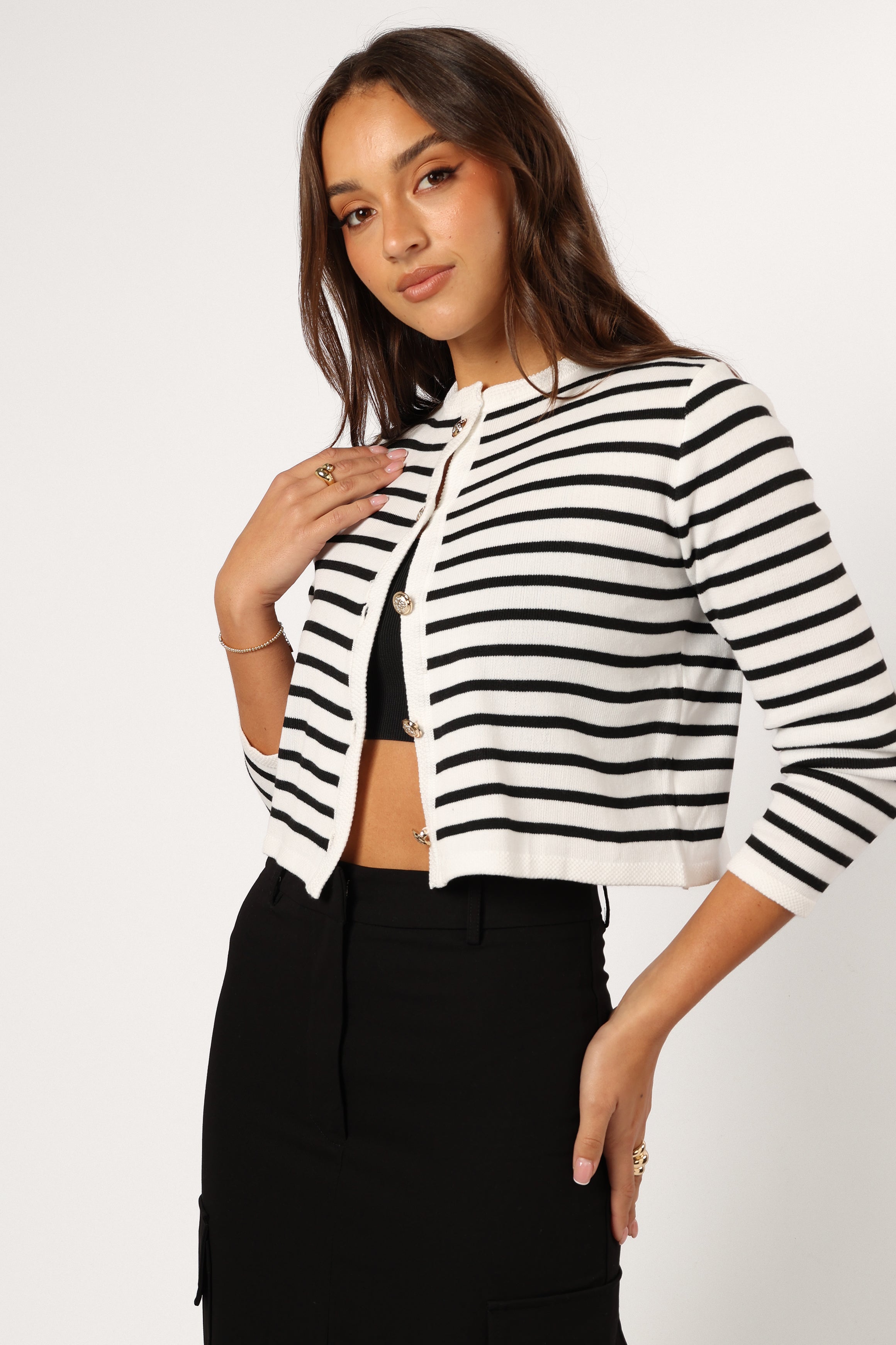 Petal and Pup USA KNITWEAR Cynthia Striped Button Front Cardigan - Black/Cream
