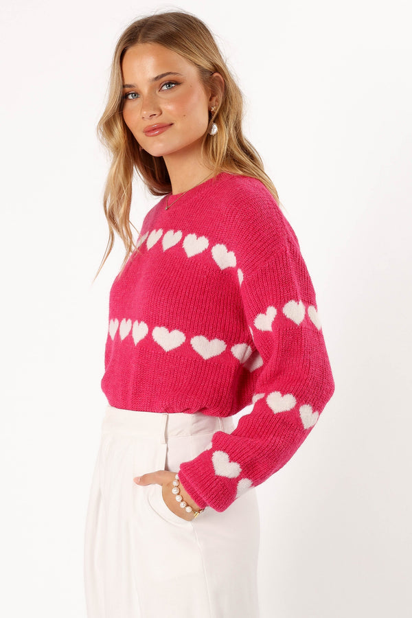 Petal and Pup USA KNITWEAR Dakotah Heart Stripe Knit Sweater - Fuchsia White