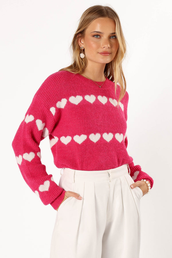 Petal and Pup USA KNITWEAR Dakotah Heart Stripe Knit Sweater - Fuchsia White