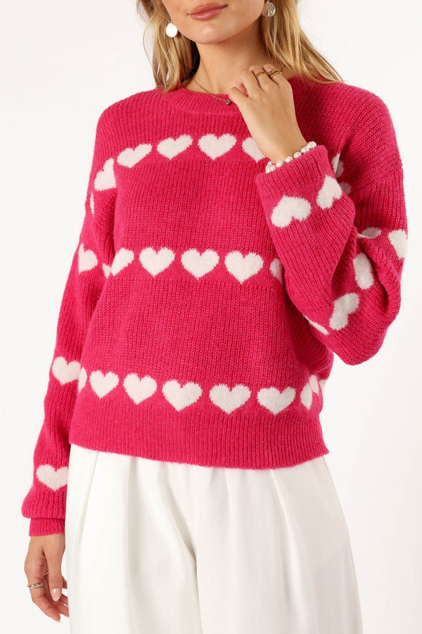 Petal and Pup USA KNITWEAR Dakotah Heart Stripe Knit Sweater - Fuchsia White