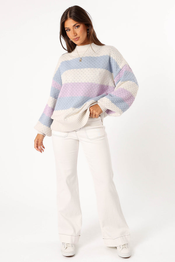 Petal and Pup USA KNITWEAR Dani Multi Stripe Knit Sweater - White Light Blue