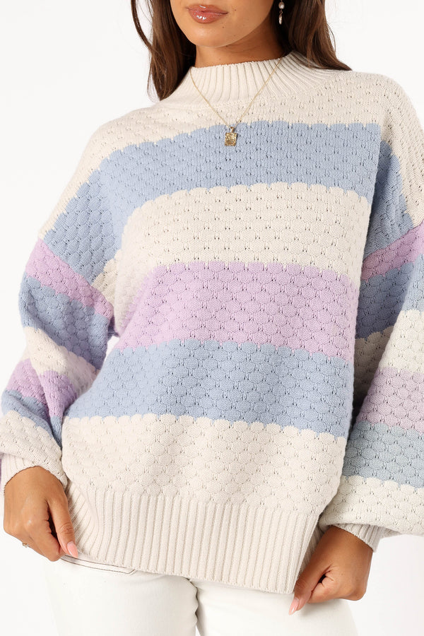 Petal and Pup USA KNITWEAR Dani Multi Stripe Knit Sweater - White Light Blue